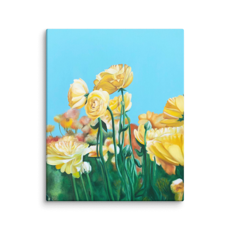 Vibrant blue sky with yellow flowers and deep green stems on Canvas mockup