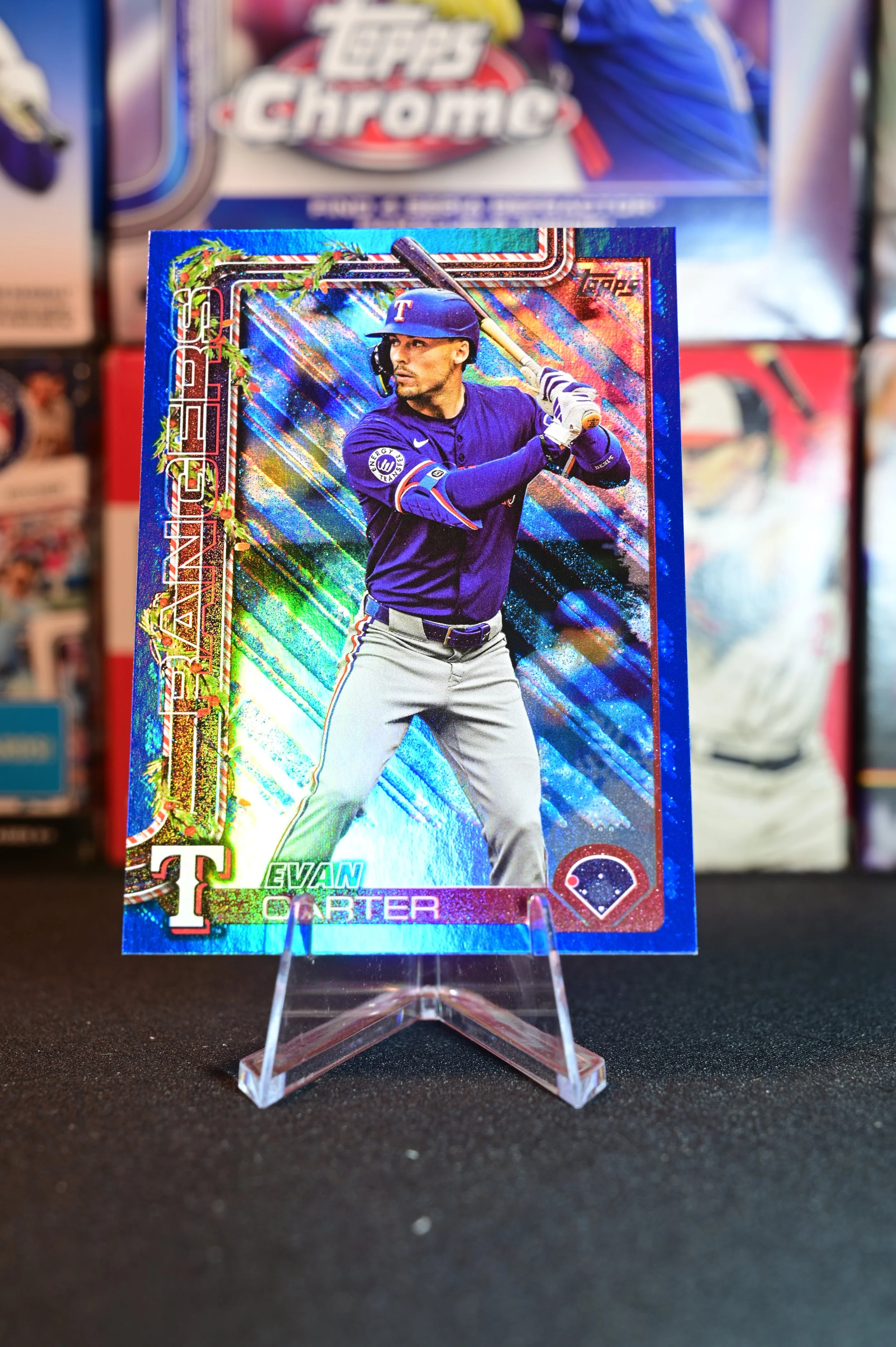 2025 Topps Holiday - Evan Carter - Blue Foil Parallel - Texas Rangers