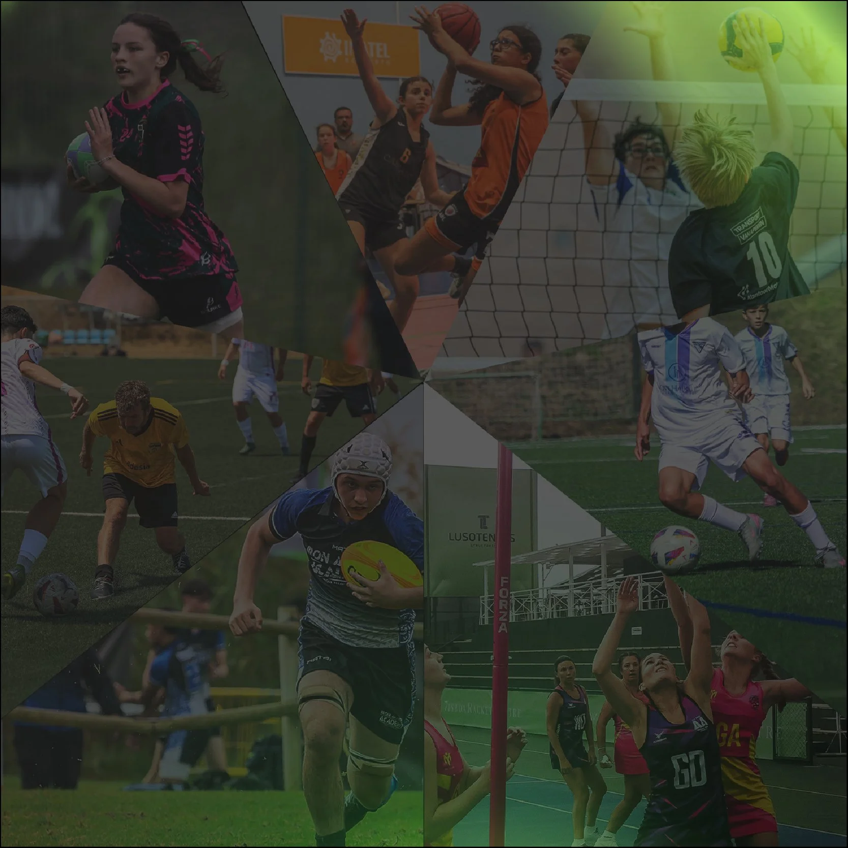 Collage of athletes from various sports, including rugby, volleyball, soccer, and rugby sevens, in action during competitions.