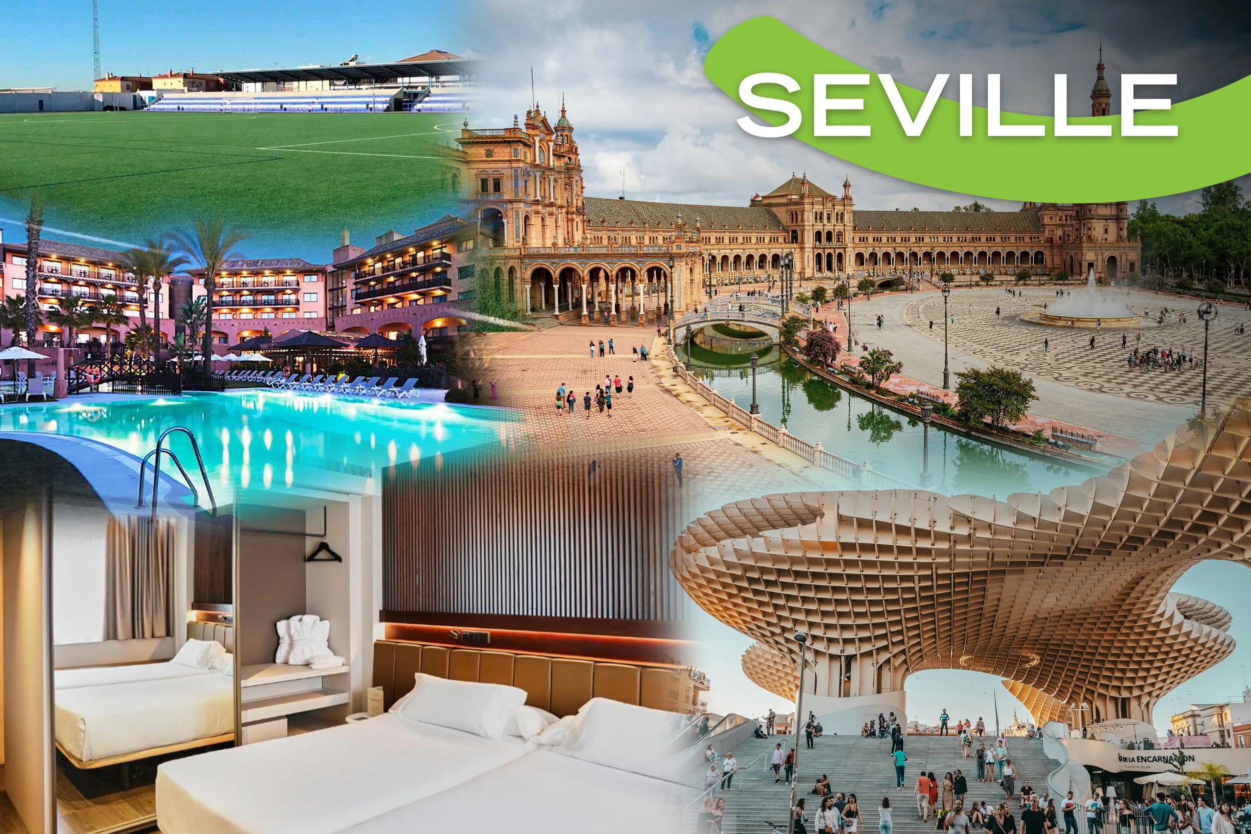 Collage of images showcasing various attractions and amenities in Seville, Spain, including a historical building, a large plaza, a modern architectural structure, a hotel pool area, and hotel rooms.