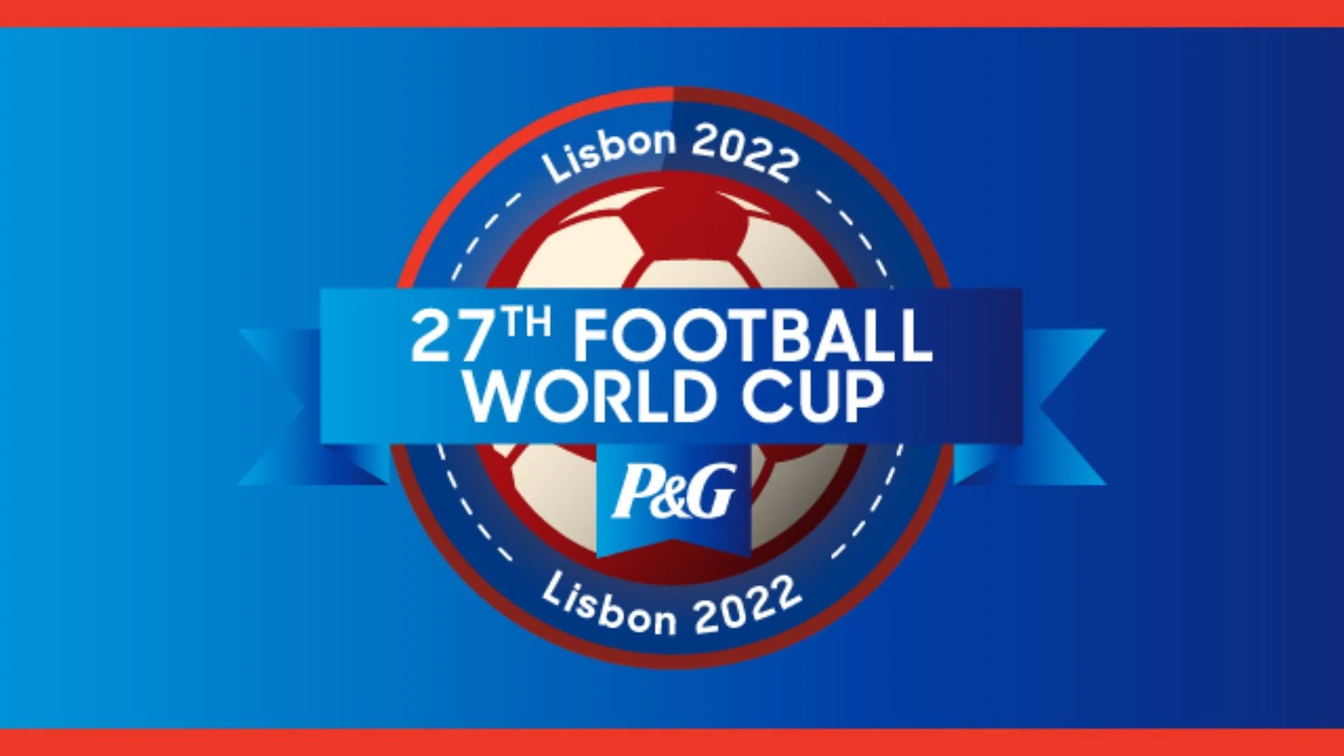 Logo for the 27th Football World Cup held in Lisbon in 2022, sponsored by P&G, featuring a soccer ball, blue background, and red and blue accents.