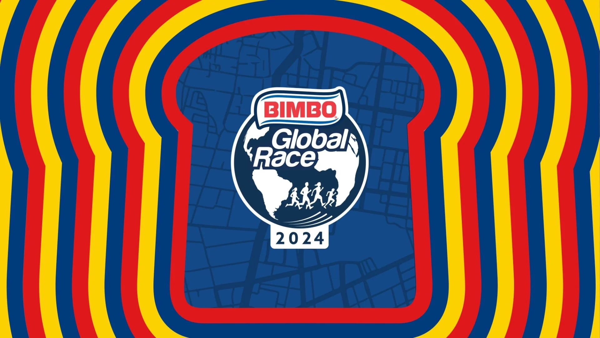 Logo for Bimbo Global Race 2024 with a stylized globe and four runners, surrounded by colorful concentric lines and a faint map background.