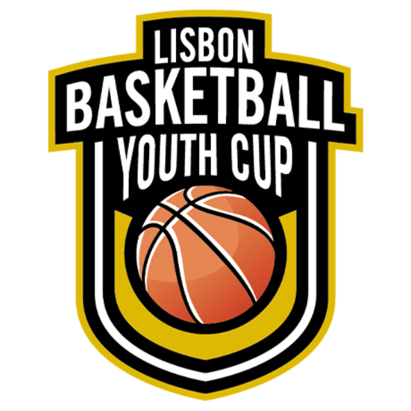 Logo for Lisbon Basketball Youth Cup, featuring a basketball at the center with black, white, and gold colors.