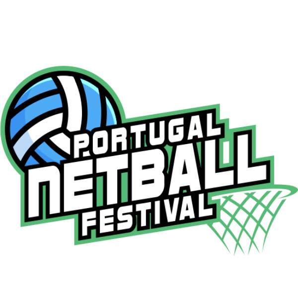 Logo for the Portugal Netball Festival featuring a stylized netball and a basketball hoop.
