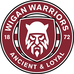 Logo of the Wigan Warriors Rugby team featuring a lion's head and the words 'Wigan Warriors 1872 Ancient & Loyal' in maroon and white.