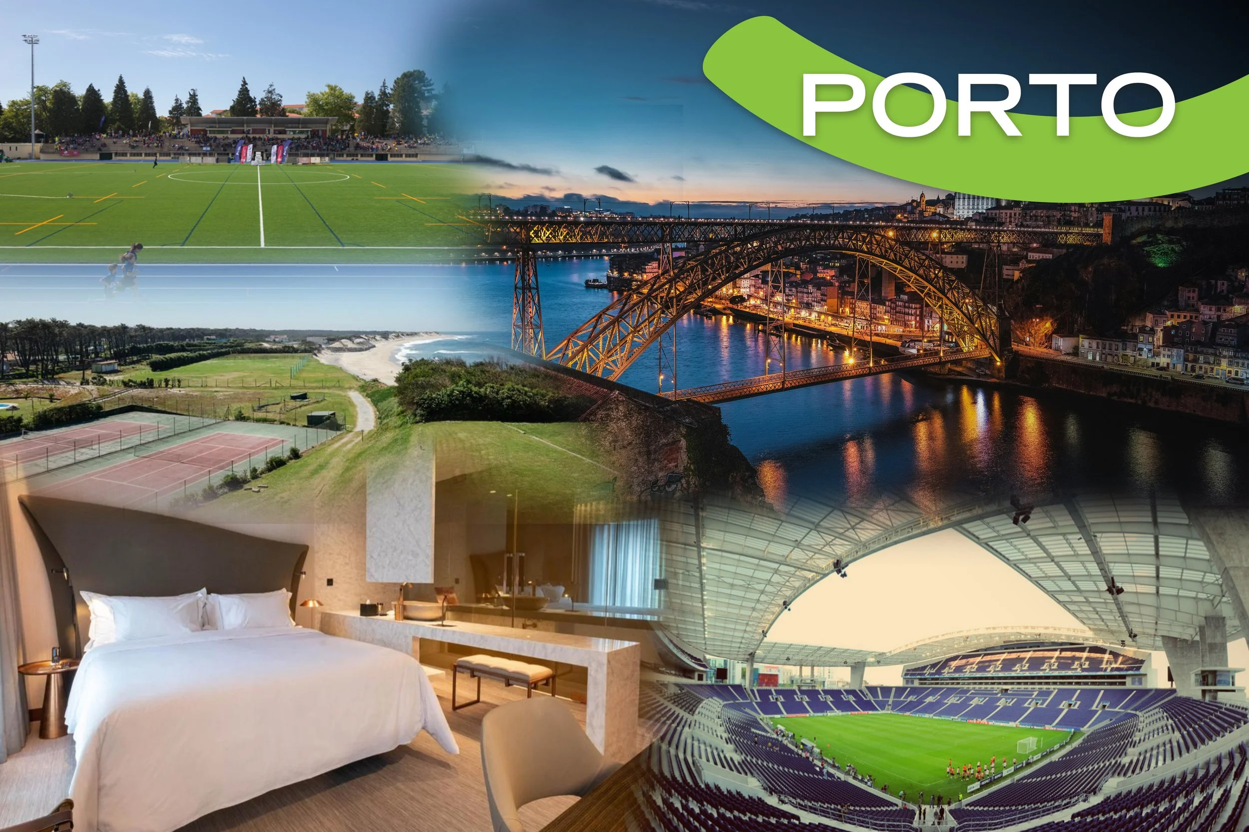 A collage of images representing Porto, Portugal, including a sports field, a cityscape at sunset with a bridge over a river, a beach view, an indoor hotel room, and a large stadium.