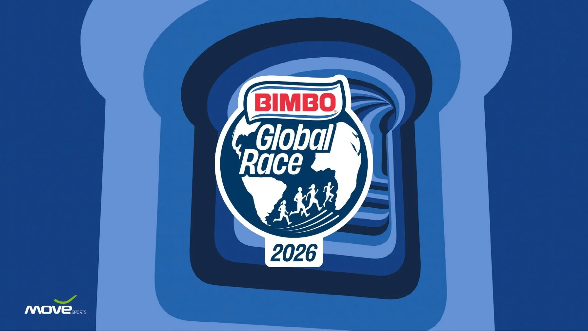 Bimbo Global Race promotional material, with 2026 edition logo and graphic slices of bread in different shades of blue.