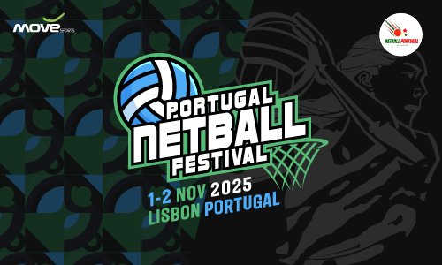 Logo for the Portugal Netball Festival 2025, held November 1-2 in Lisbon, Portugal, with illustrations of netball players and a netball.