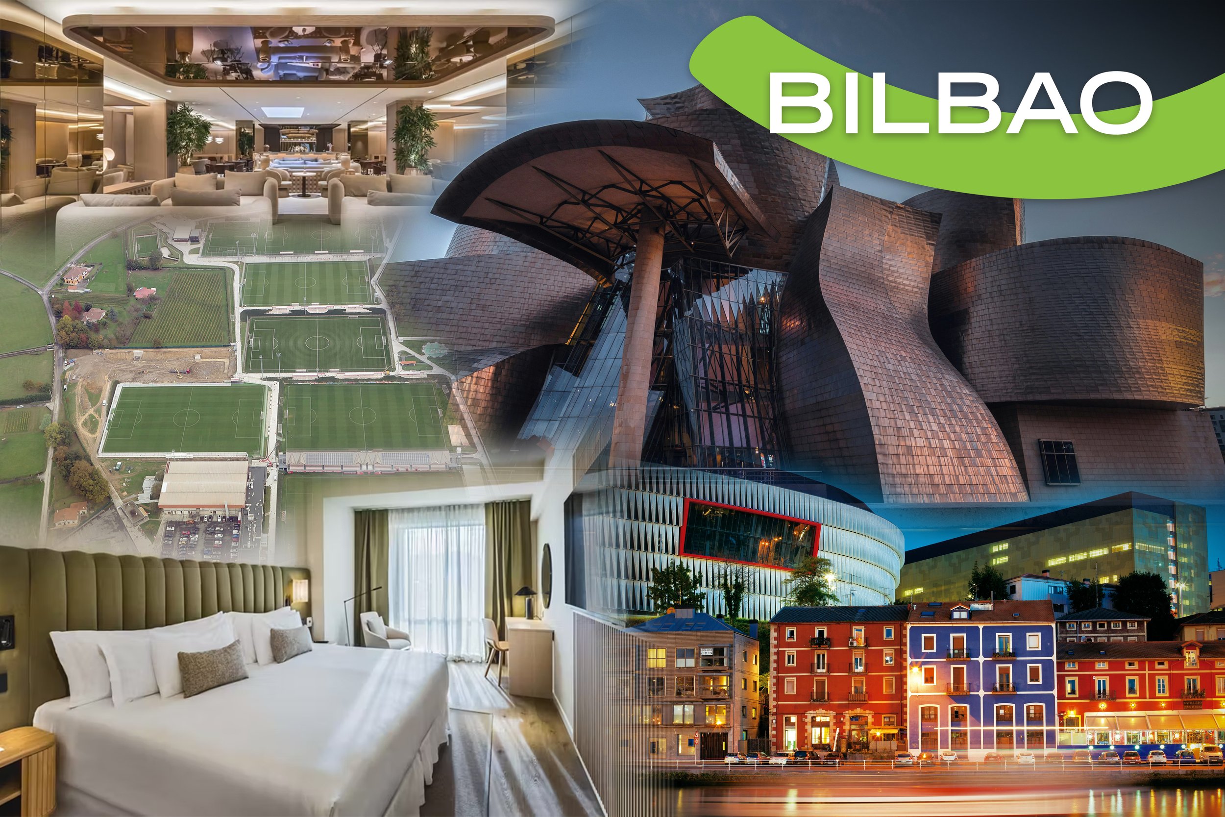 Collage of various scenes from Bilbao, Spain, including aerial views of sports fields, modern architecture, a hotel room interior, and city streets with colorful buildings.