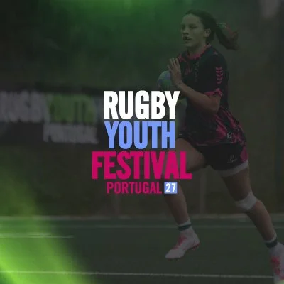 A female rugby player running on the field during a youth rugby festival in Portugal, with the event's logo overlaid.