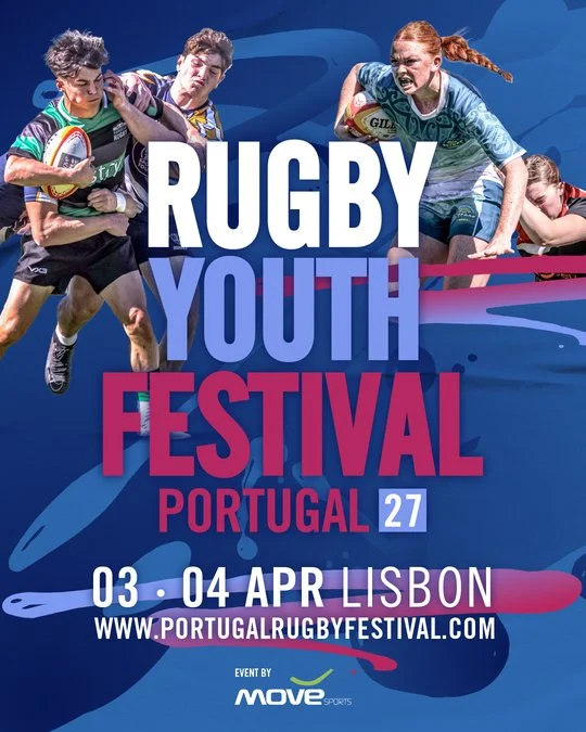Poster for the Rugby Youth Festival in Portugal, held from April 3rd to 4th in Lisbon, featuring images of young rugby players in action.