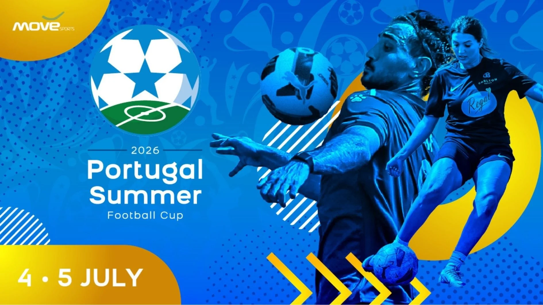 Promotional graphic for the Portugal Summer Football Cup 2026, featuring football players in action alongside the tournament branding and dates.