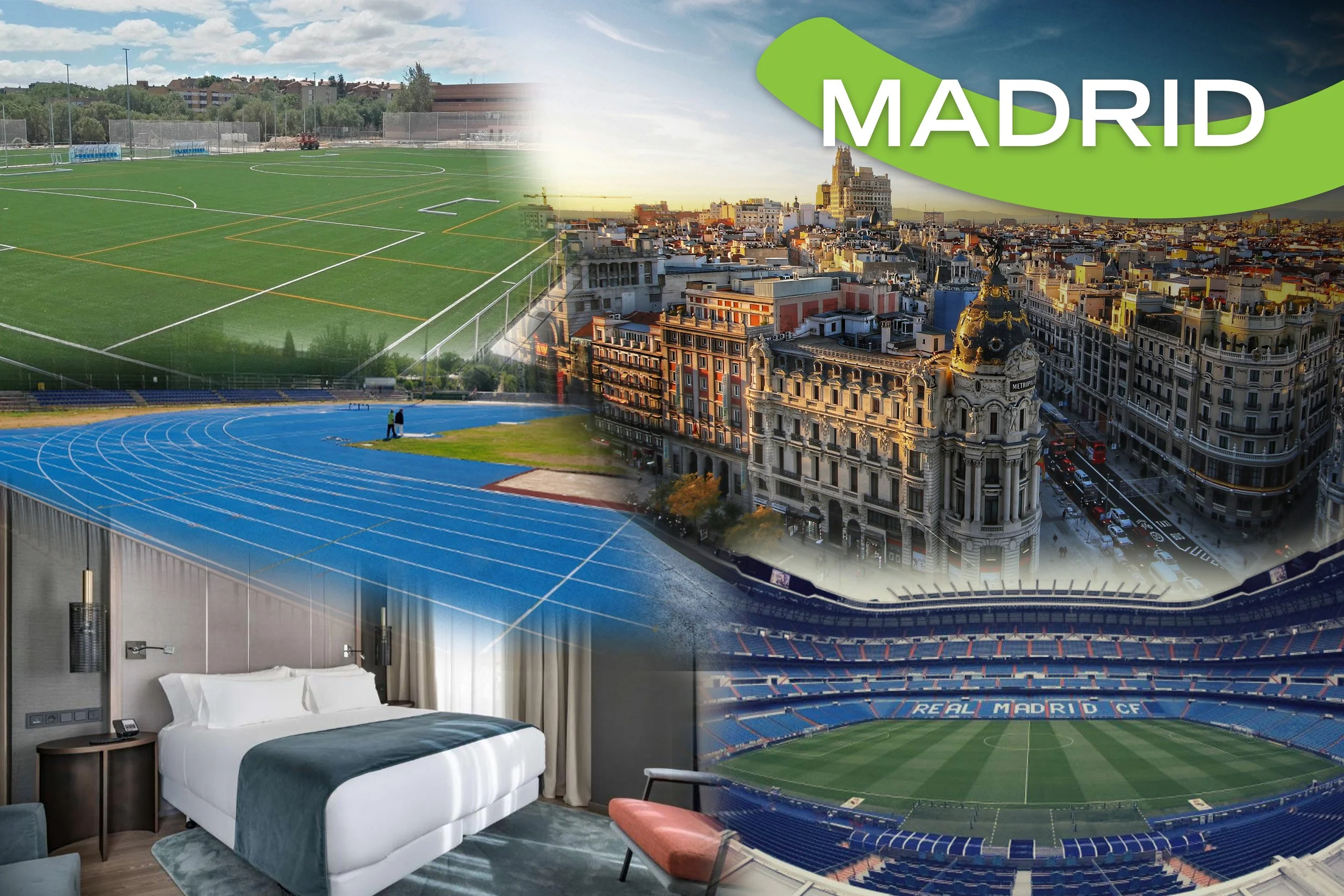 Composite of images from Madrid, Spain, featuring a football stadium, a hotel room, an outdoor running track, and an aerial view of the city skyline with historic buildings. The word 'MADRID' is displayed in green on top.