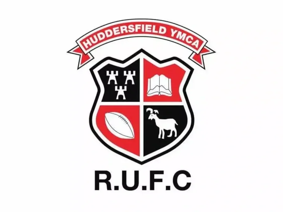 Huddersfield LH rugby crest featuring a shield divided into four quadrants with a tower, a rose, a ram's head, and a rugby ball, with banners reading 'Huddersfield LH' and 'RUFC'.