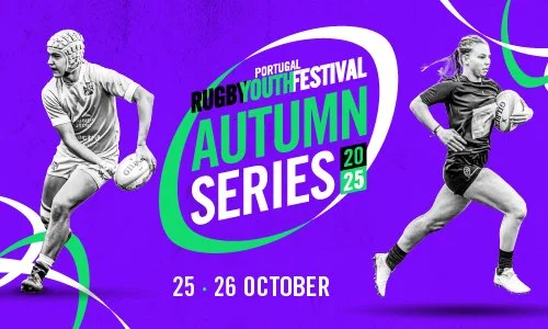 Poster for the Portugal Rugby Youth Festival Autumn Series 2025, scheduled for October 25-26, featuring images of a female rugby player in two different action shots on a purple background with green and white accents.