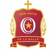 A red and gold emblem with the text 'Deo Duce' at the top and 'De La Salle' at the bottom, featuring a large letter 'C' with a star inside and a cross on top.