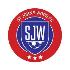 Logo of St Johns Wood FC featuring initials 'SJW' and a soccer ball, surrounded by a red circle with the team name.