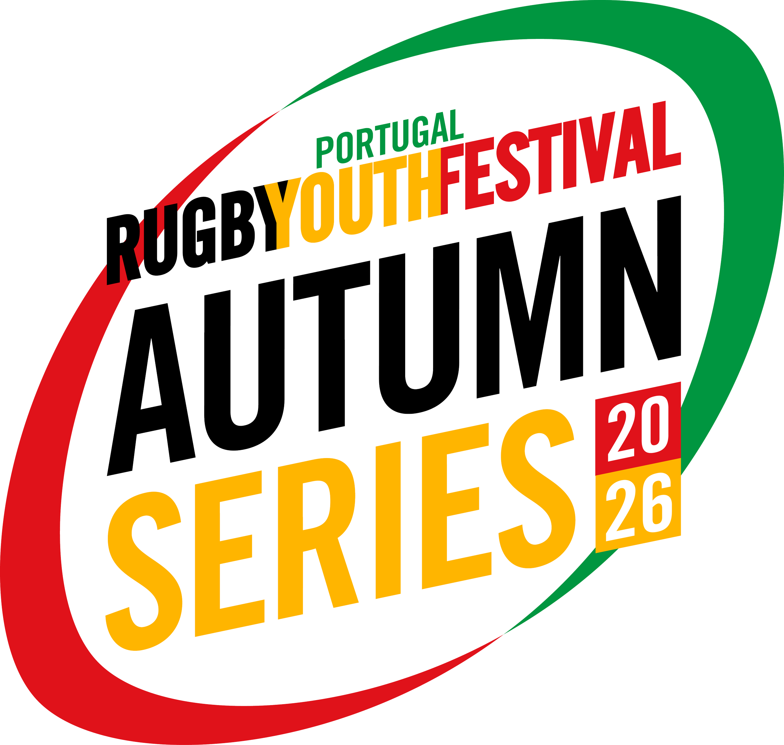 Portugal Rugby Youth Festival Autumn Series 2026 logo with colourful dynamic graphic elements on a black background.