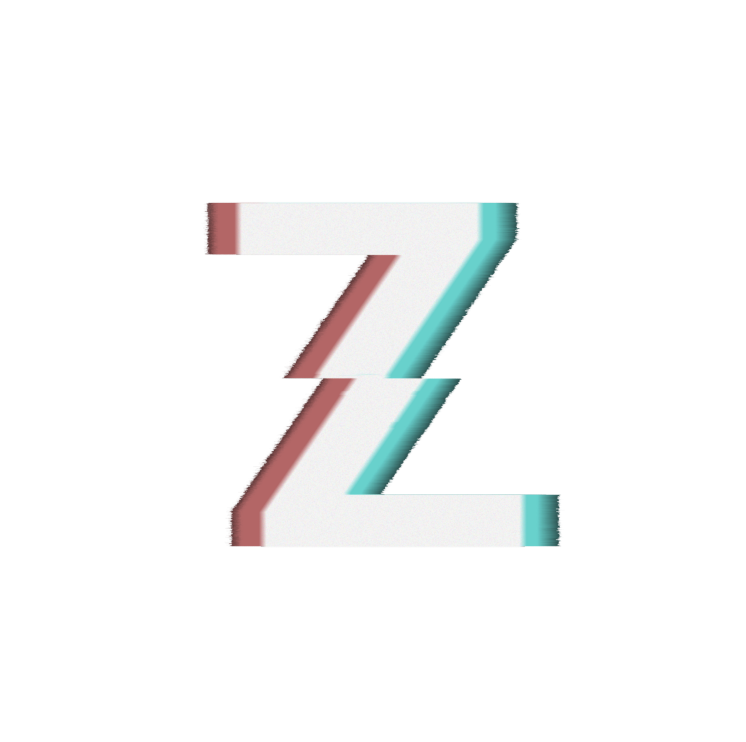 Stylized letter Z with a glitch effect in cyan and maroon colors on a black background.