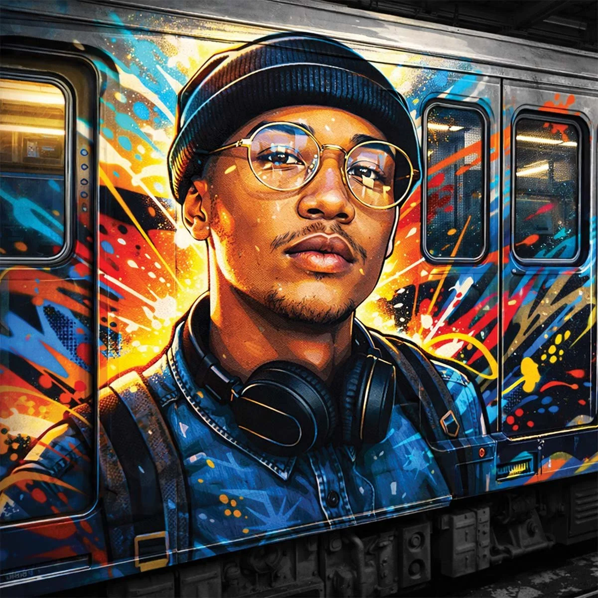 Graffiti train style AI artwork created at a Detroit AI Photo Booth rental.