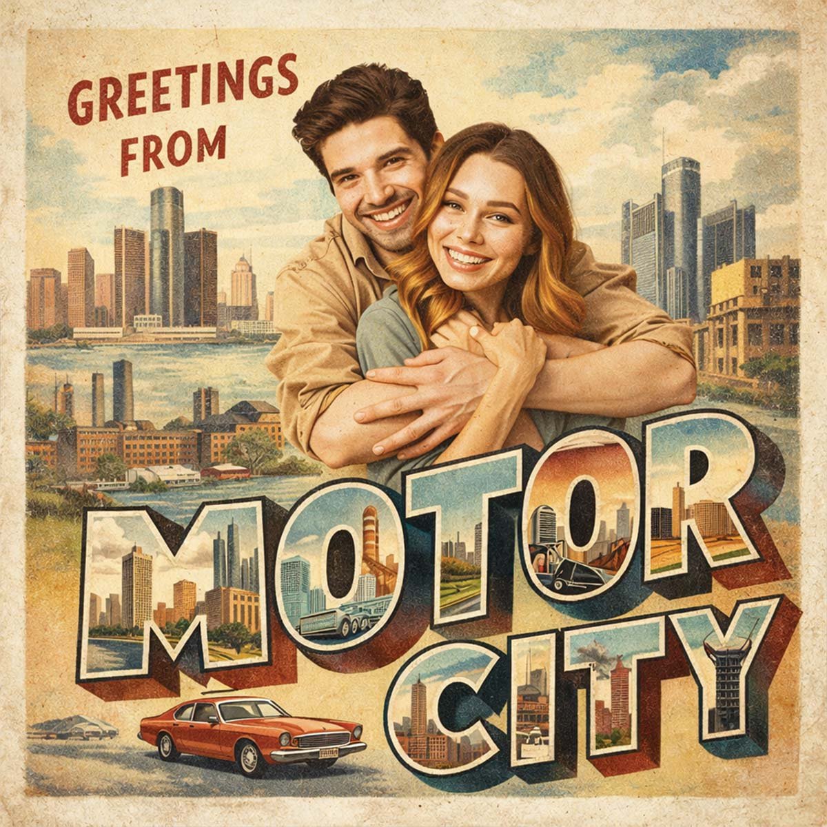 Vintage postcard AI portrait created with a Detroit AI Photo Booth experience.