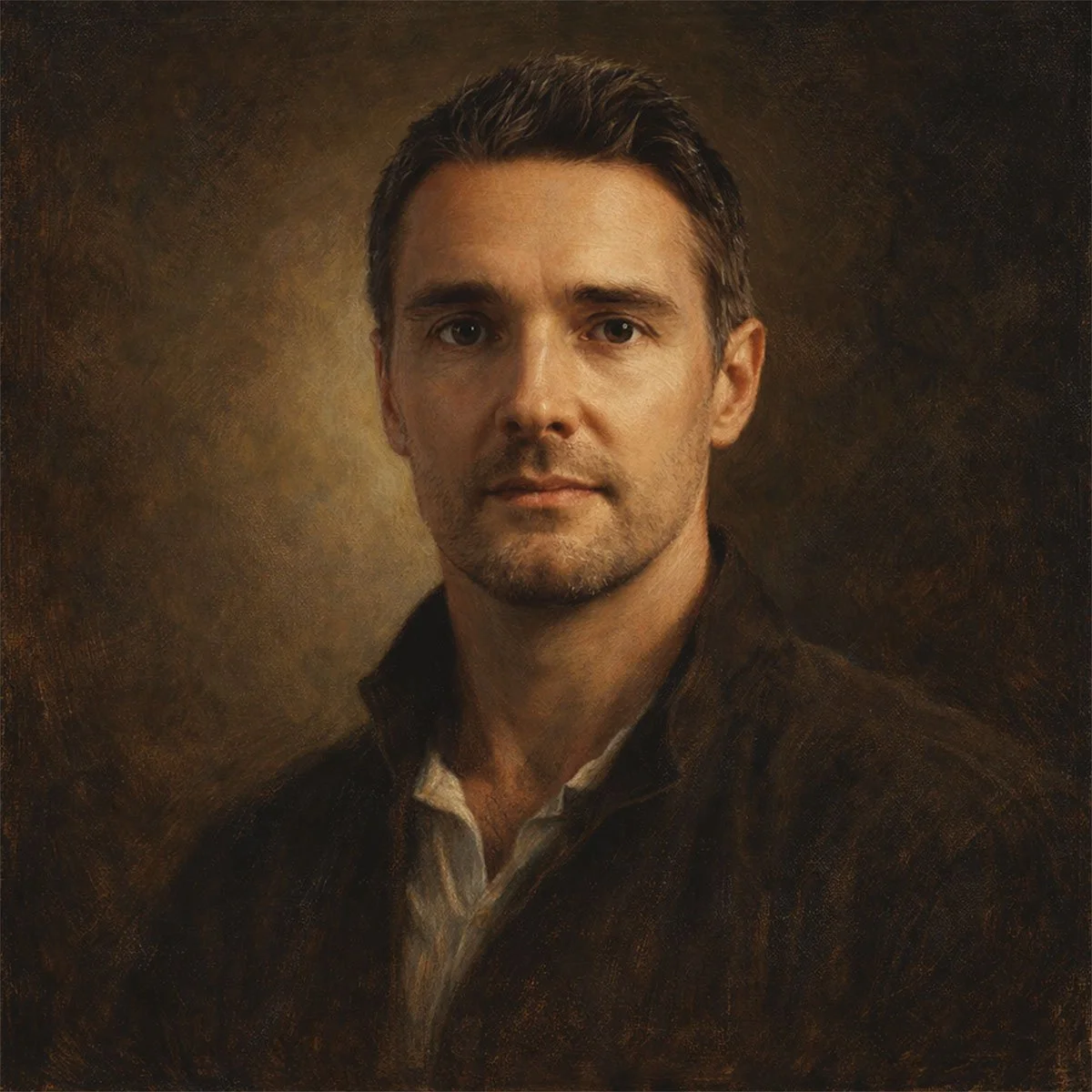 Oil painting–style AI portrait created at a Detroit AI Photo Booth rental.