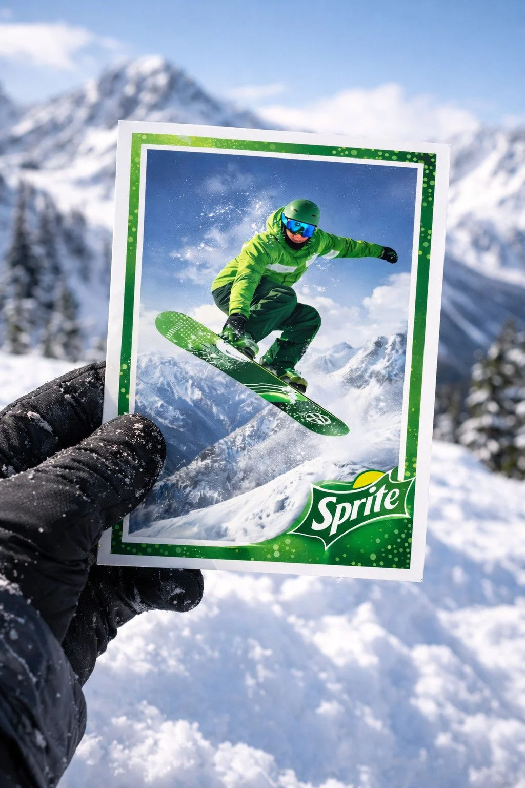 Sprite branded photo print from a live event activation, held outdoors with a snowboard action image in a snowy mountain environment