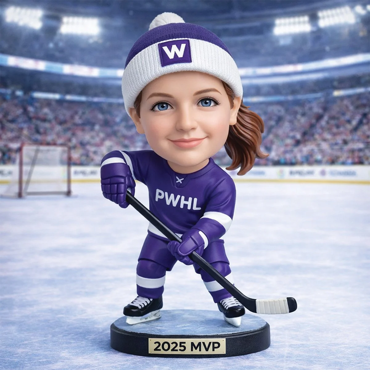 Guest transformed into a PWHL-inspired hockey bobblehead collectible