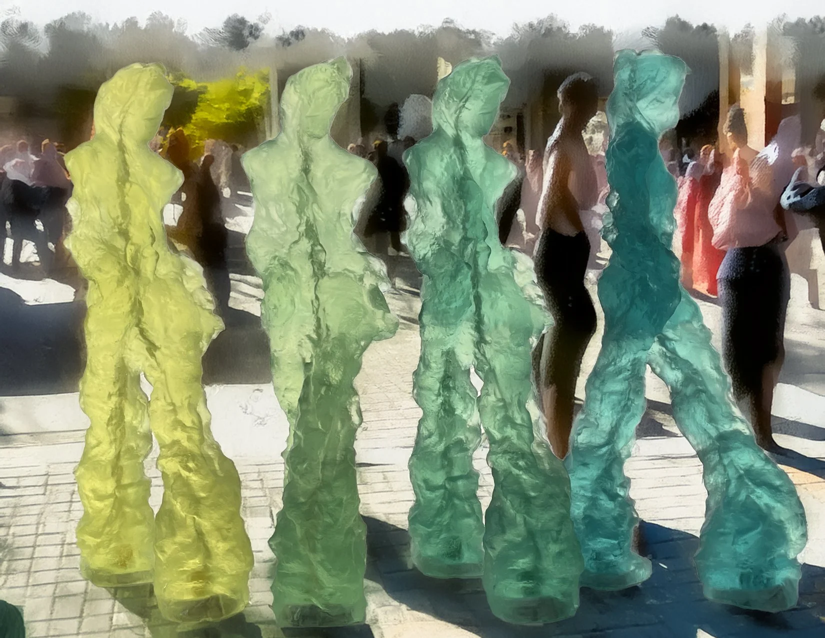 Art installation featuring five colorful abstract human figures made of textured material, standing outdoors with a crowd in the background and sunlight casting shadows on the ground.