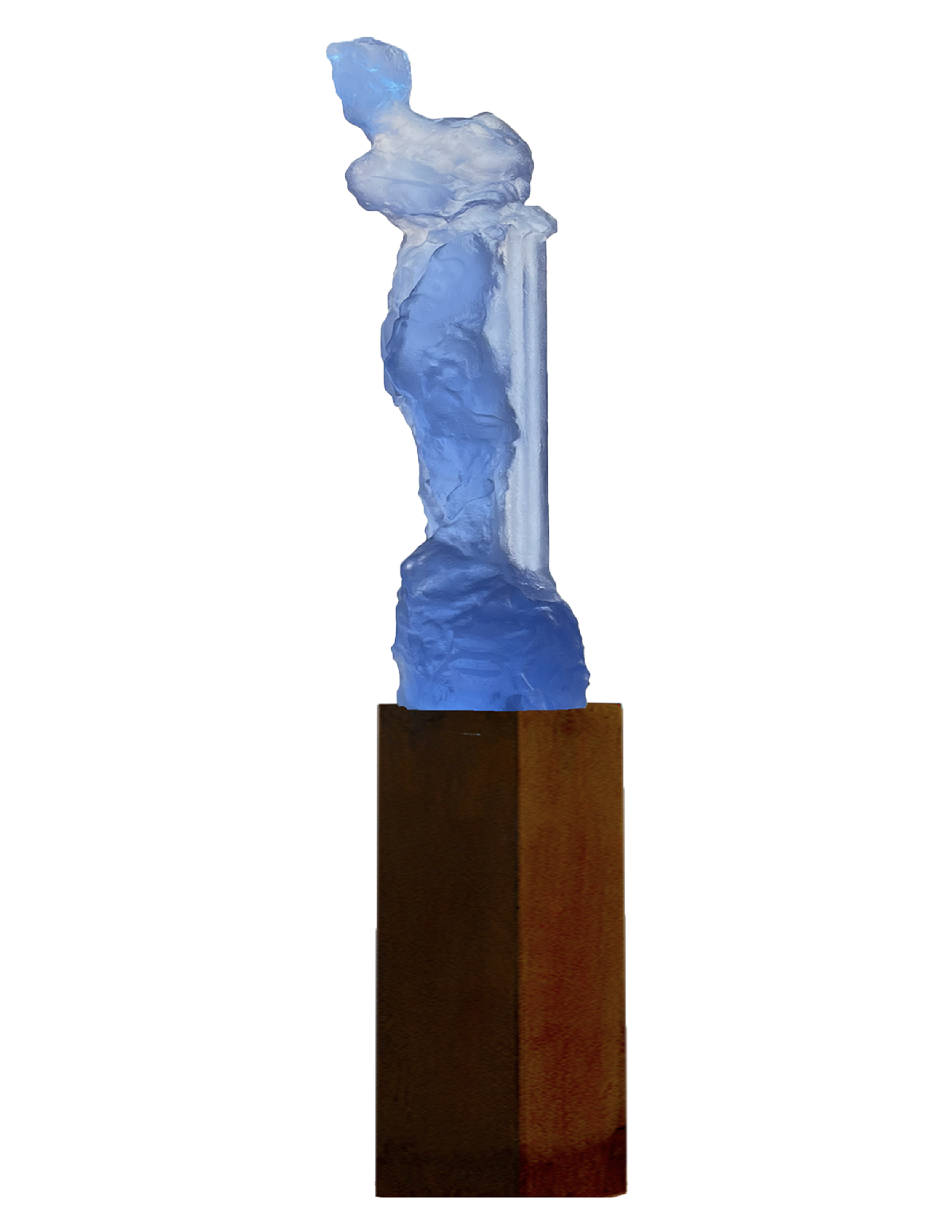 A sculpture of a human head and upper body made of blue and white ice, mounted on a rectangular wooden pedestal.