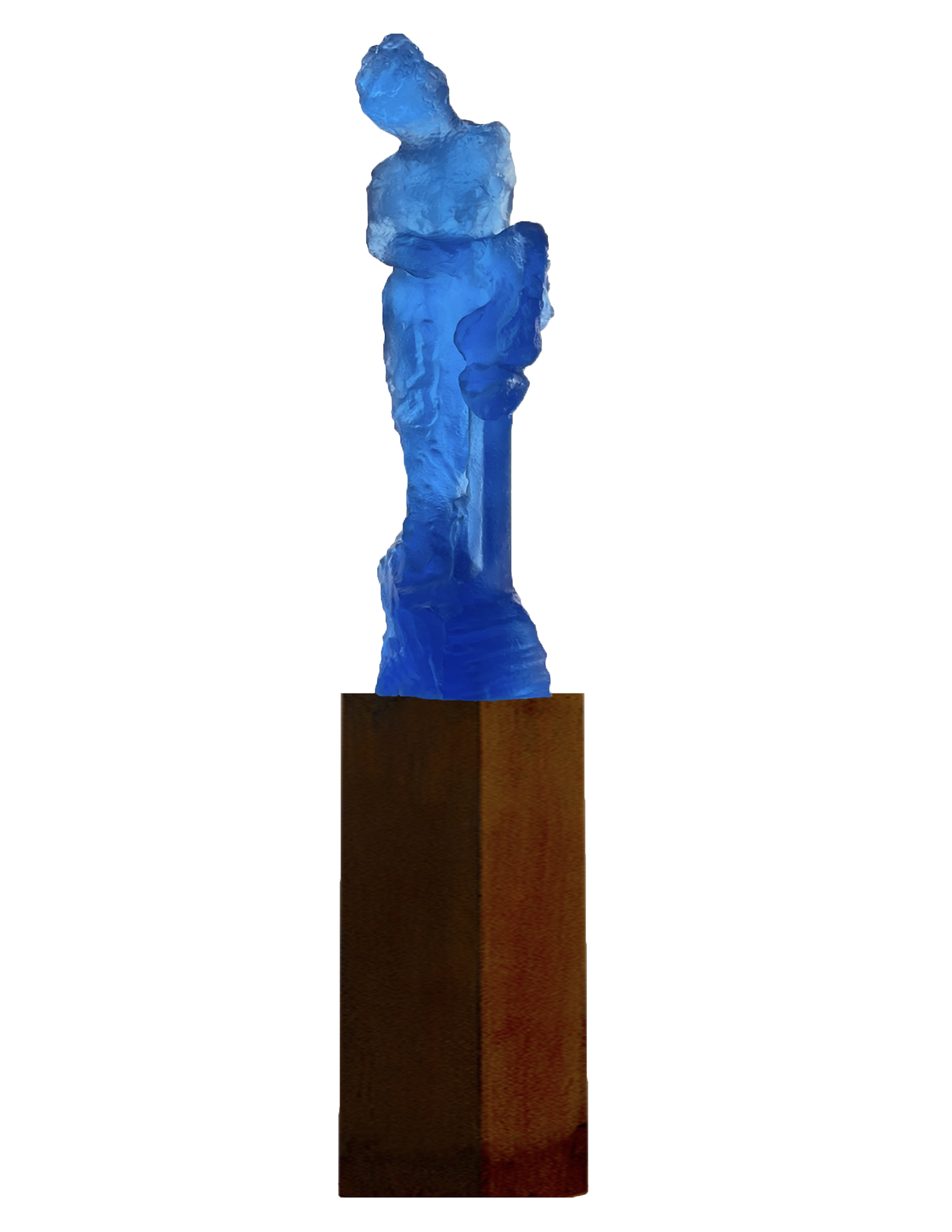 Blue abstract sculpture of a person standing on a brown rectangular base