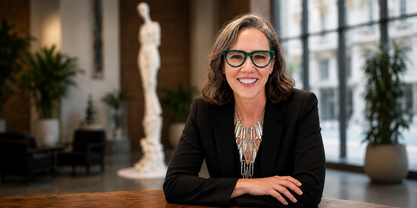 photograph of smiling woman at table with large sculpture in the background