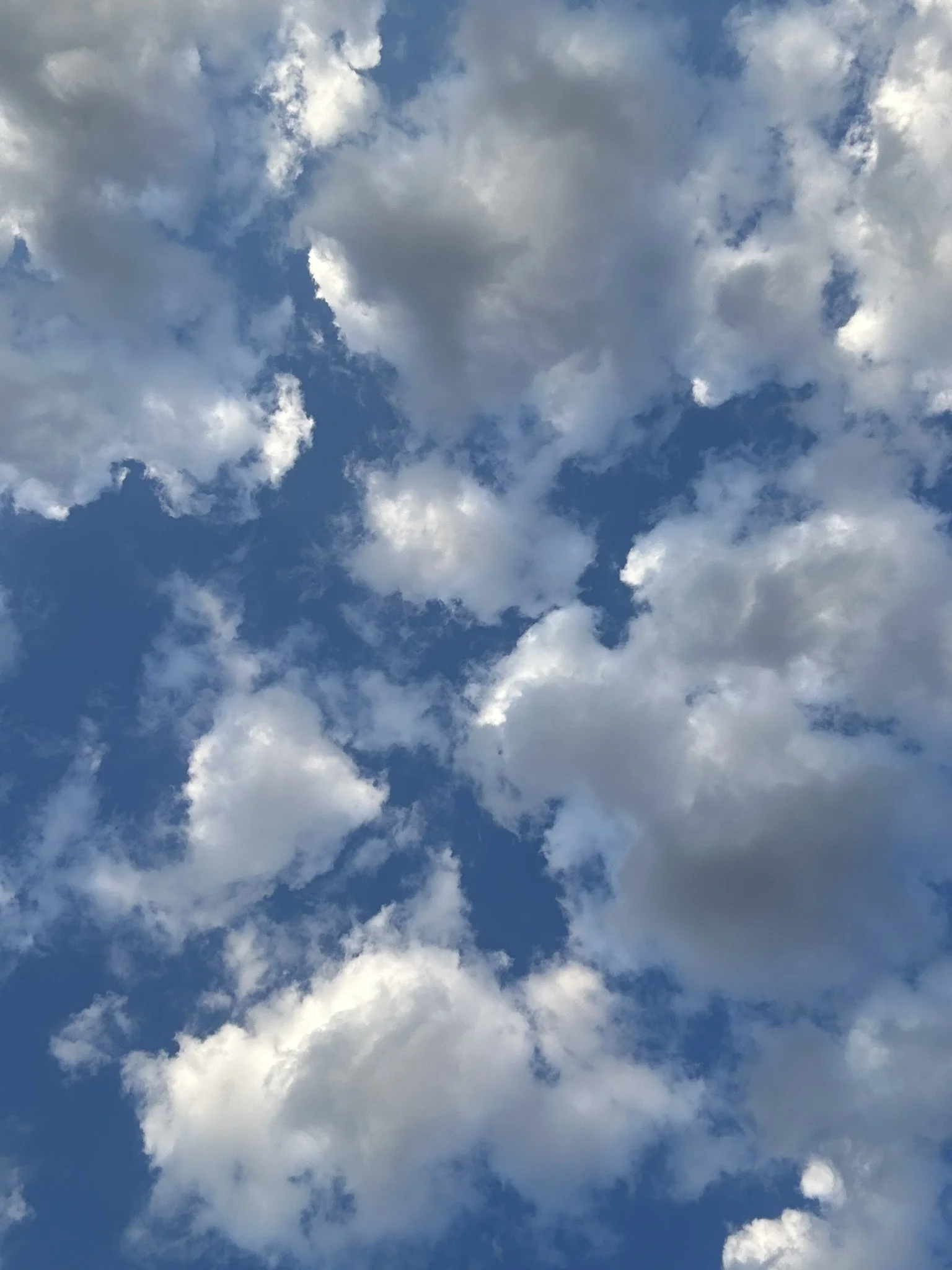 Blue sky with scattered white and gray clouds.