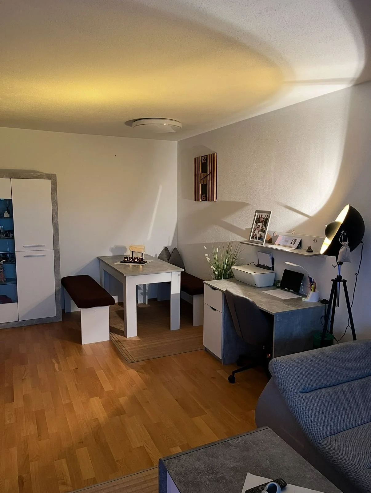 Gemütliches Wohnzimmer mit Esstisch, Stühlen, Schreibtisch, Stehlampe, Sofa und dekorativen Elementen.