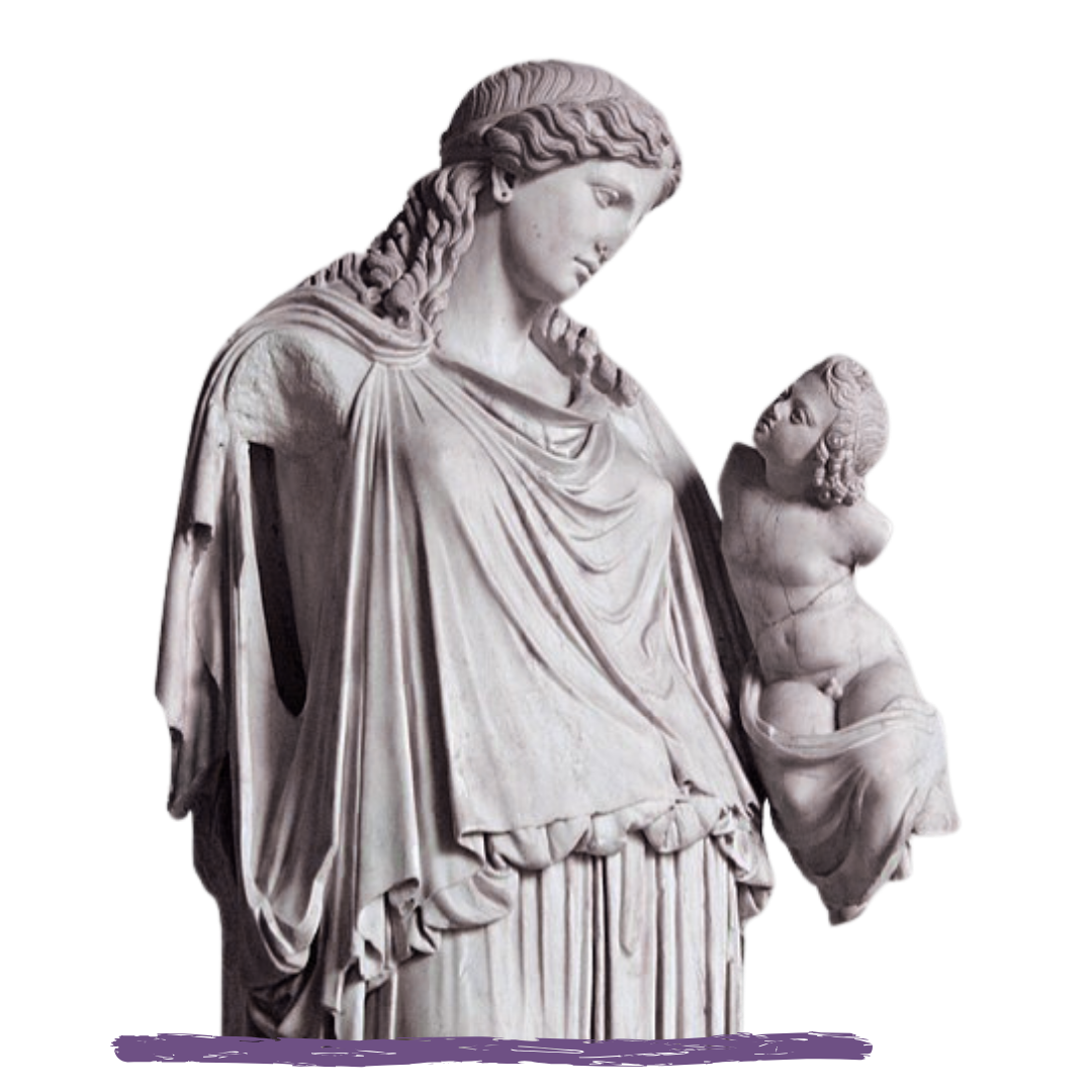 Ancient marble sculpture of a woman holding a child, both with detailed drapery and curly hair, against a transparent background.