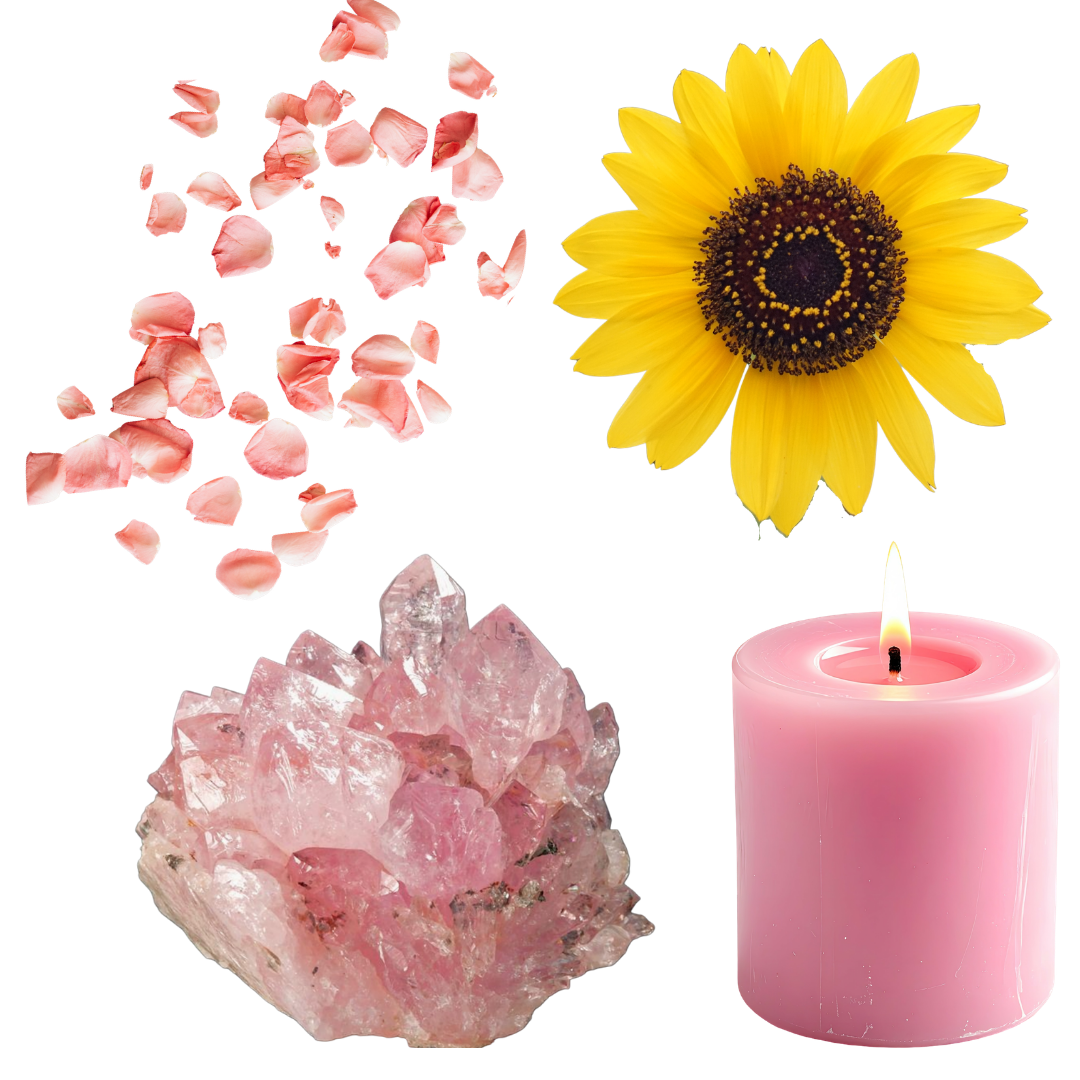 Pink flower petals, a yellow sunflower, a pink candle with a flame, and a pink rose quartz crystal cluster arranged on a white background.
