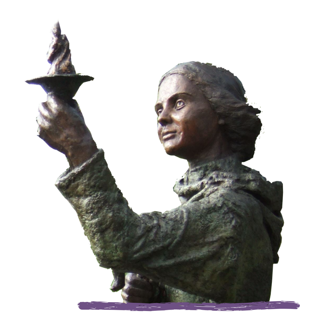 Bronze sculpture of a Brigid with short hair, holding a lit candle in her right hand.