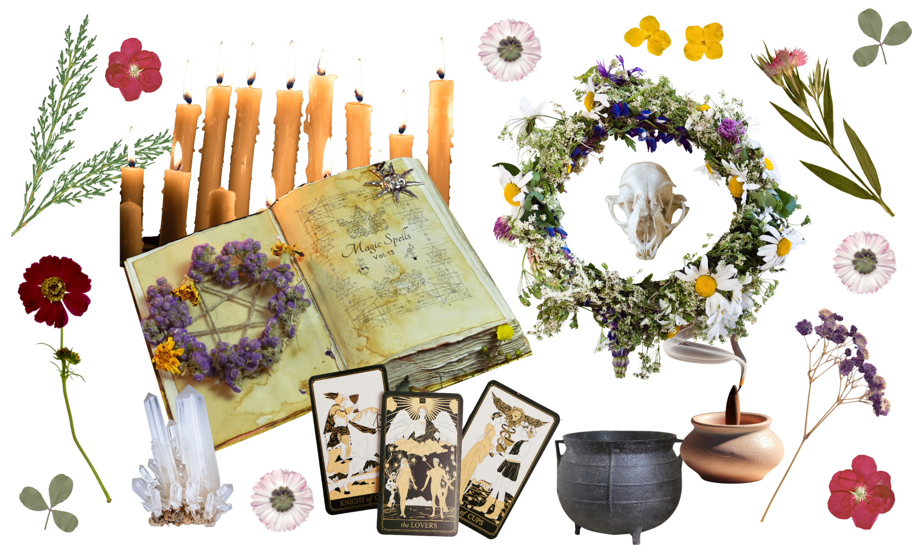 A collection of mystical and spiritual objects including a row of lit candles, an open spellbook with dried flowers, tarot cards, various flowers, crystals, and a plant with a skull in a floral wreath for a ritual or ceremony.
