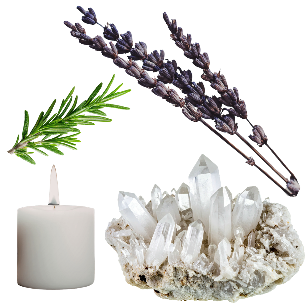 Lavender sprigs, a rosemary sprig, a white candle, and a cluster of clear quartz crystals.