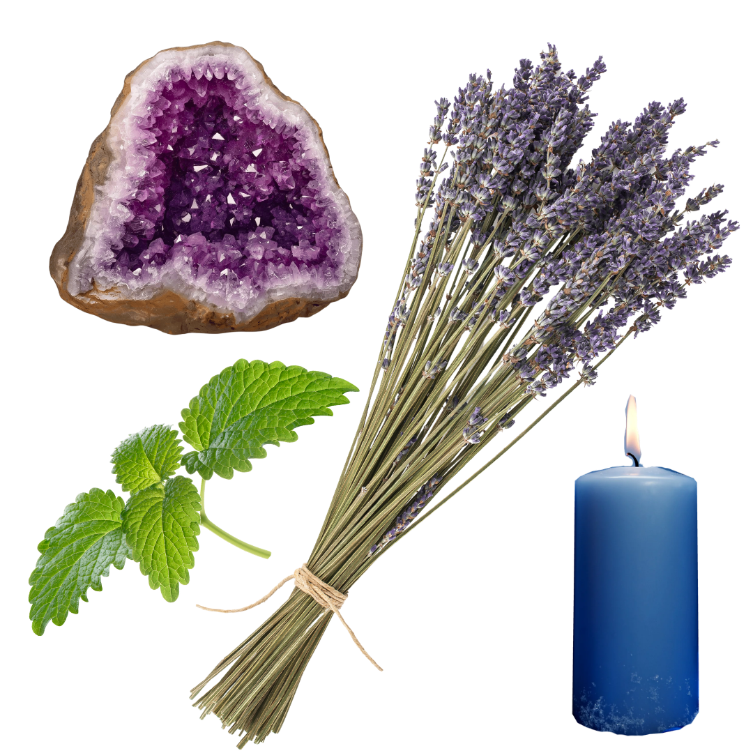 A purple geode, lavender flowers, green lemon balm leaves, a lit blue candle, all isolated on a transparent background.