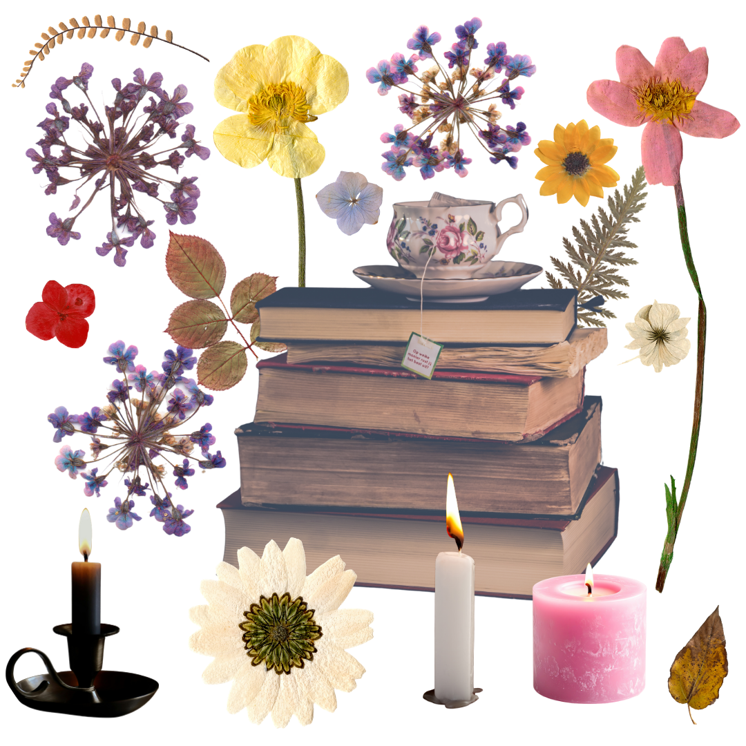 Stack of four vintage books with candles, flowers, a tea cup, and leaves arranged around them.