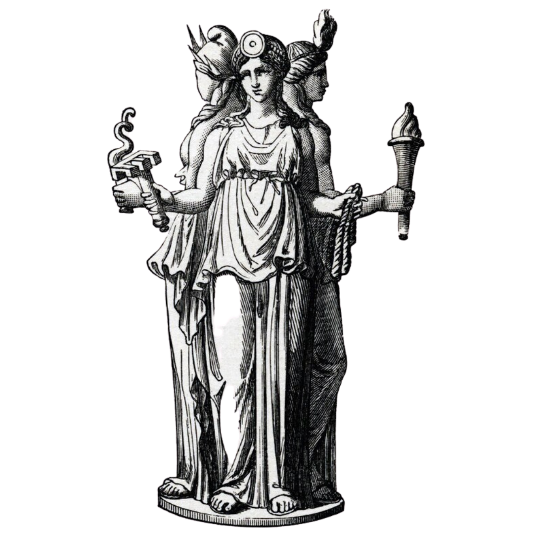 Black and white illustration of multi-armed female figure Hekate holding a torch and a staff, with a third arm raising a club.