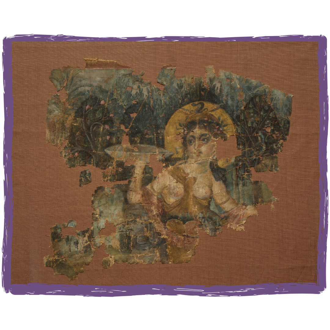 Restored ancient painting of a woman with a halo, surrounded by nature and trees, on a brown canvas background.