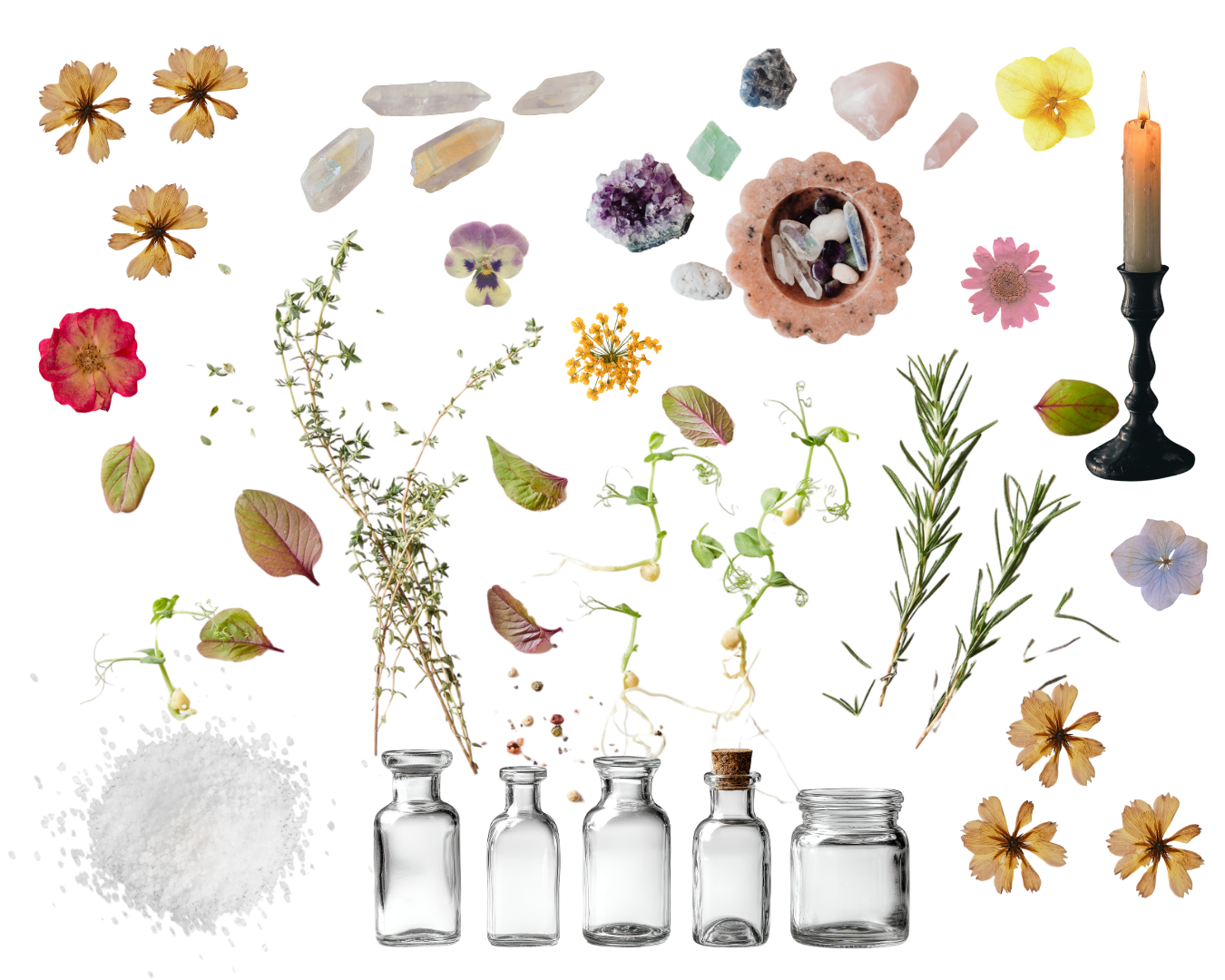 Arrangement of various dried flowers, herbs, crystals, and candles, with some in small glass jars and bottles on a transparent background.