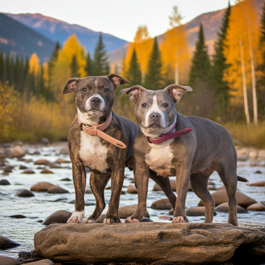 Two dogs standing on a large rock near a river, with mountains and fall-colored trees in the background.