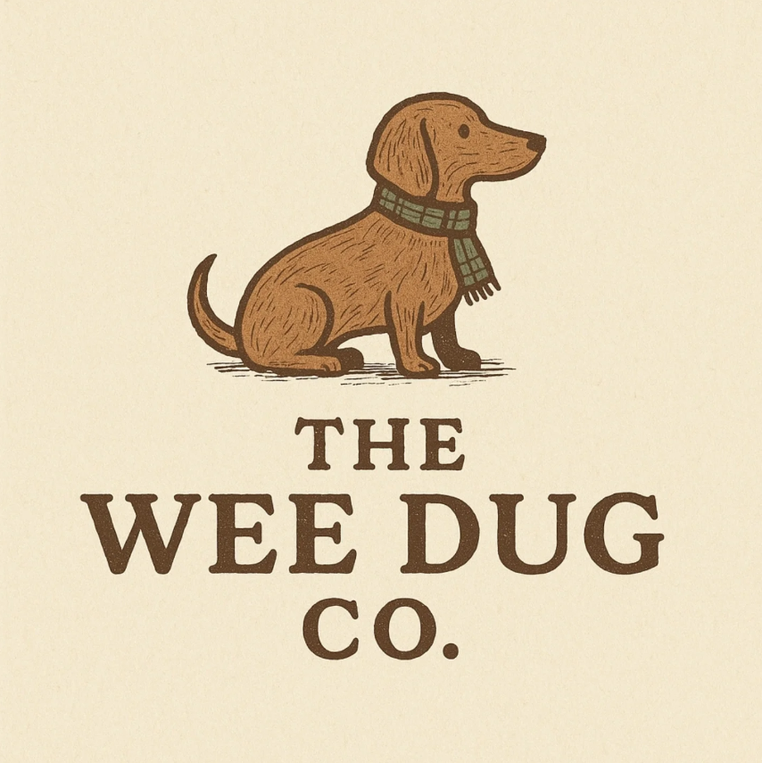 A logo featuring a cartoon illustration of a brown dog with a green plaid scarf, sitting and facing to the right, above the text 'The Wee Dug Co.'