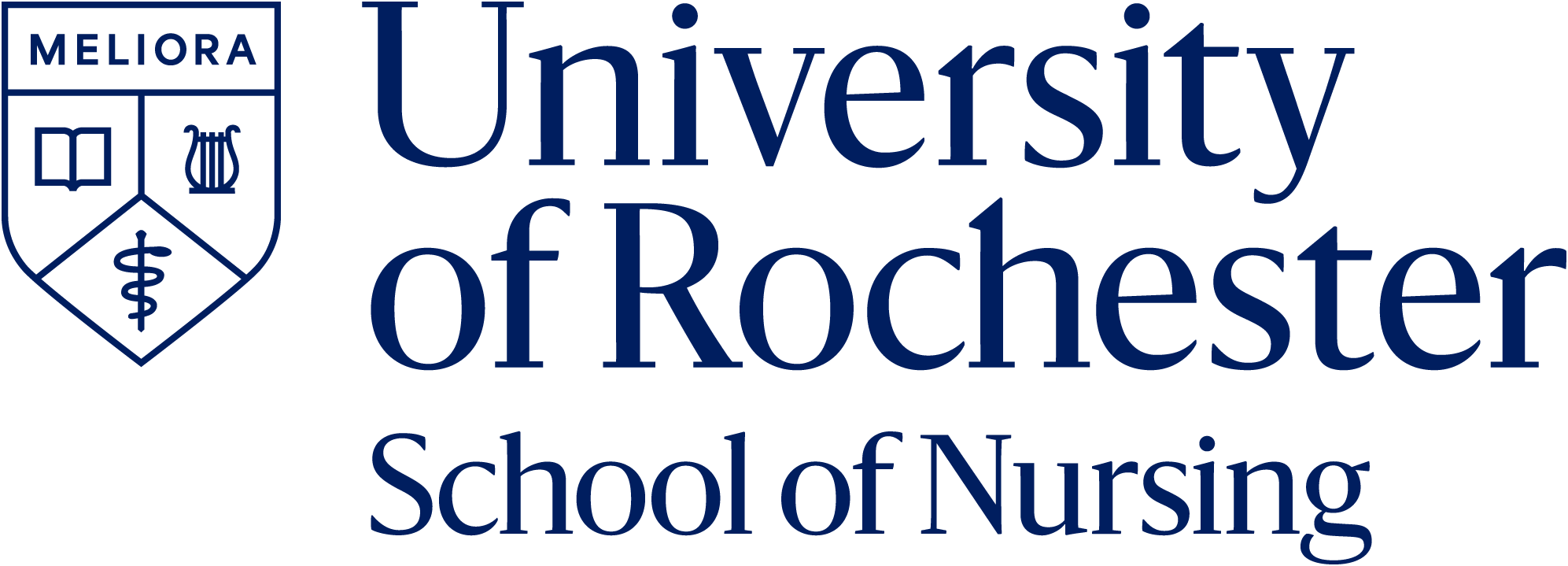 Logo of the University of Rochester School of Nursing, featuring a blue shield with a book, a rod of Asclepius, and the word 'MELIORA' at the top.