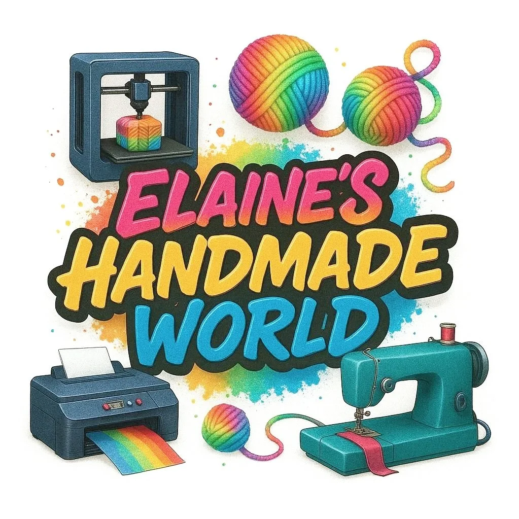 Colorful logo for Elaine's Handmade World featuring a 3D printer creating a rainbow-colored cube, balls of rainbow yarn, a label maker printing a pink strip, and a teal sewing machine, with a vibrant watercolor splash background.