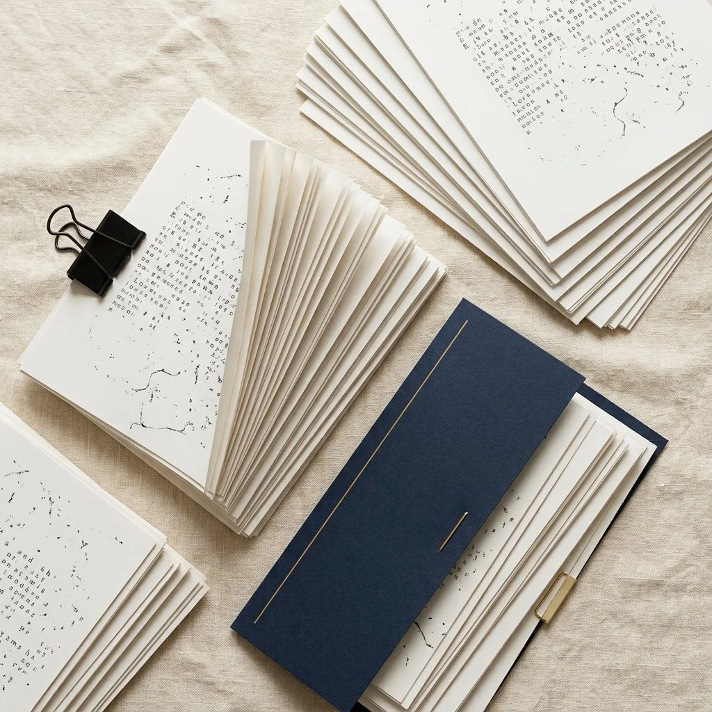 Organized stack of printed and collated documents