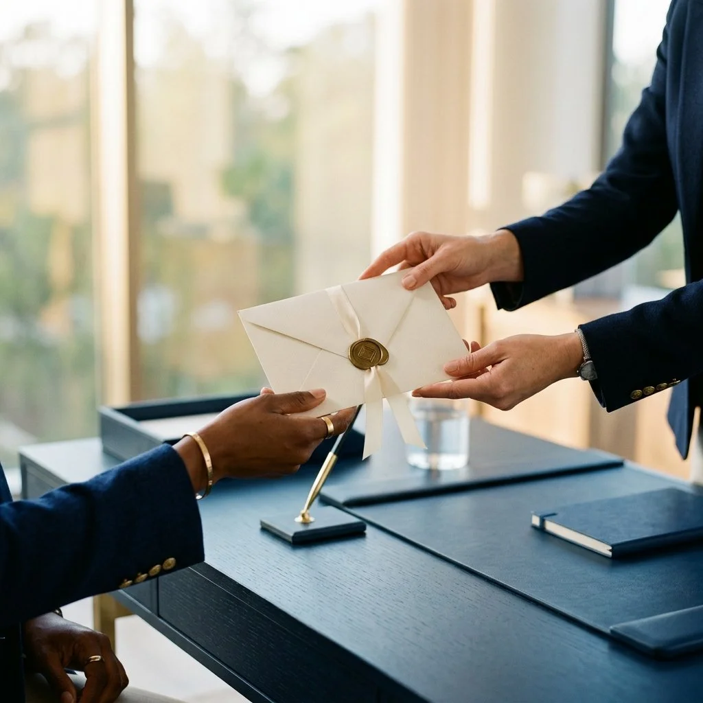 Hands passing a sealed document envelope